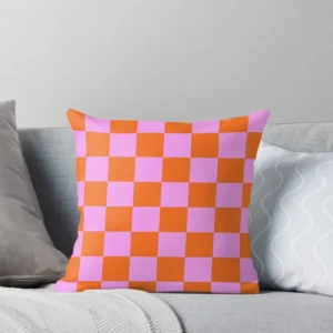 Checkerboard Retro Orange & Pink Throw Pillow