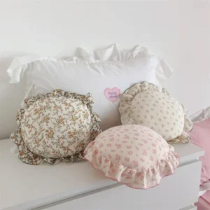 Round Ruffle Edge Floral Throw Pillow